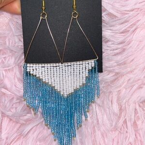 White & Blue Triangle Beaded Fringe Earrings | Geometric Style